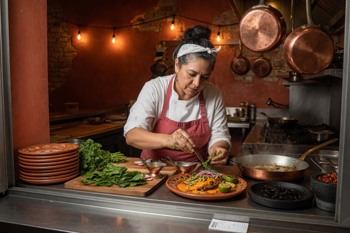 La chef María emplatando en la cocina de Mesa Norte